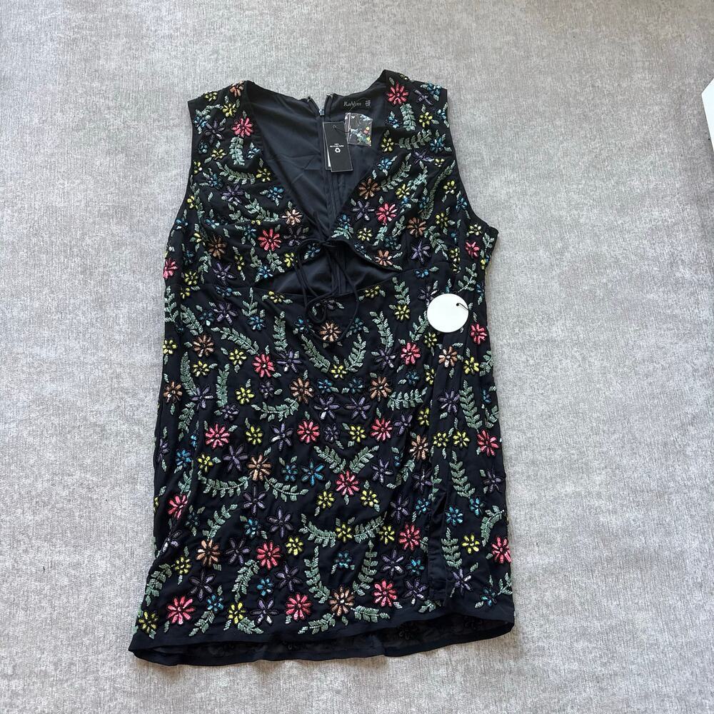 NWT $300 RaeVynn Sequin Emboidered Curve Floral Mini Dress